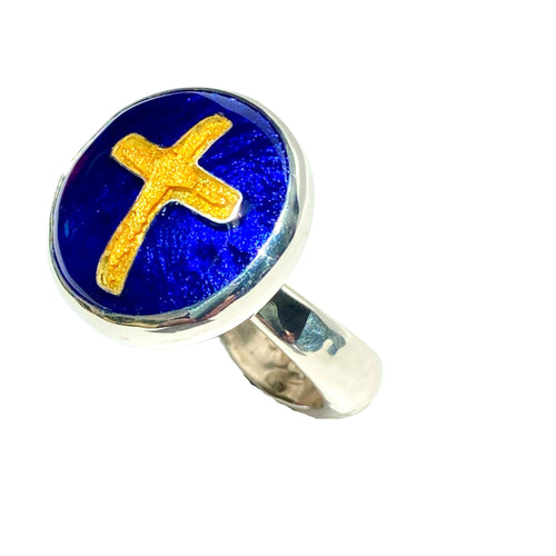 Cloisonné Golden Cross in Midnight Blue Ring