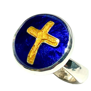 Cloisonné Golden Cross in Midnight Blue Ring